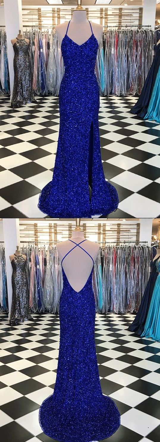 Bedazzled Royal Blue Sequin Simple Long Prom Dress - VQ